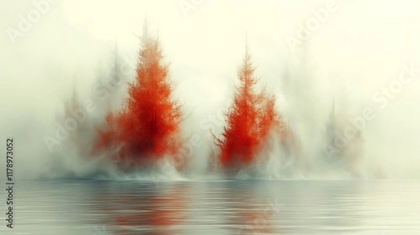 Fototapeta Surreal red trees reflected in foggy water.