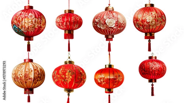 Fototapeta Red Floral Lantern Chinese New Year, with transparent background
