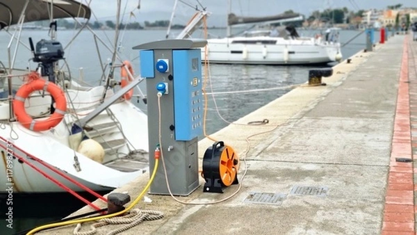 Fototapeta Electric power supply station on a marina dock with yachts in the background