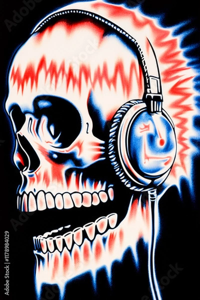Fototapeta 1980's airbrush poster, Skull with a headphone in front of a computer, back view, black background, vintage t-shirt style