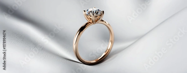 Fototapeta golden wedding ring with a diamond on a white background. Copy space for text.  For banner, design, social media, blog, sale, jewelry store, presentation, linkedin, etsy