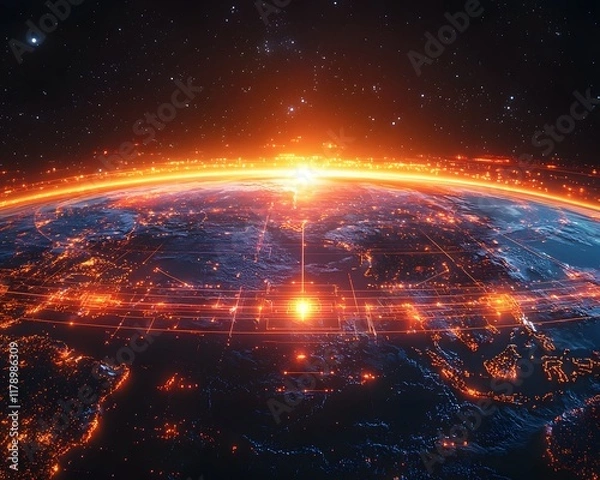 Fototapeta Glowing Earth at Night Showcasing Global Connectivity and Communication Technology