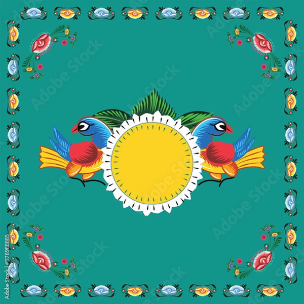 Obraz A set of floral borders with two birds holding a text box Colorful Rickshaw painting