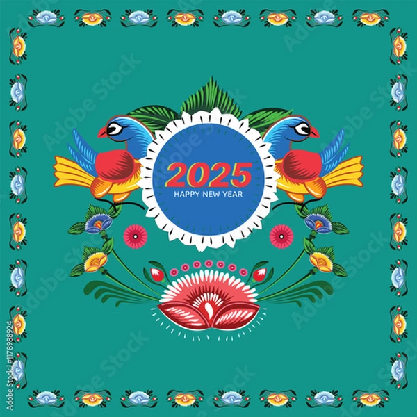 Obraz A set of floral borders with two birds holding a text box Colorful Rickshaw painting