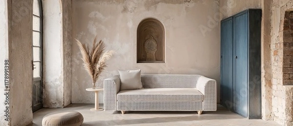 Fototapeta Generative AI, Modern Romanesque-style living room with a perforated metal modular sofa, denim wardrobe, and minimalist decor
