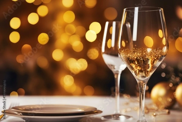 Fototapeta Glasses of sparkling wine stand ready on a christmas table setting with warm bokeh lights, creating a festive atmosphere