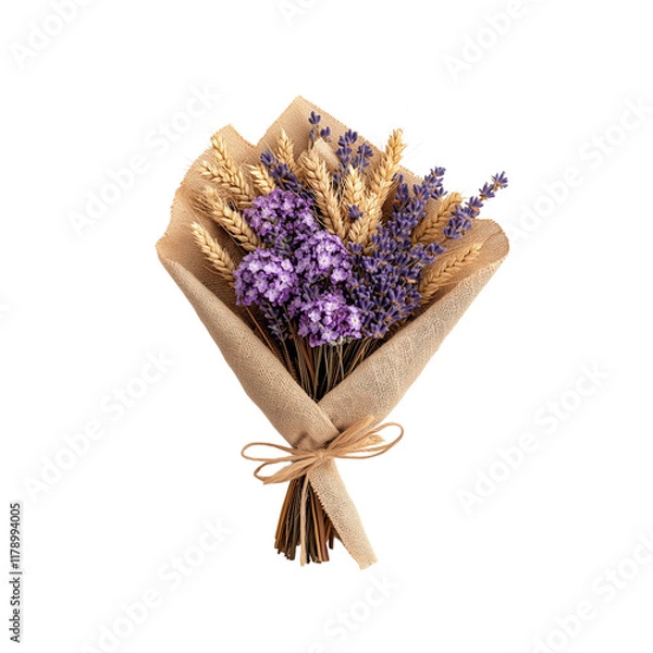 Fototapeta A bouquet featuring lavender and golden wheat, elegantly wrapped and tied with twine, isolated on white background