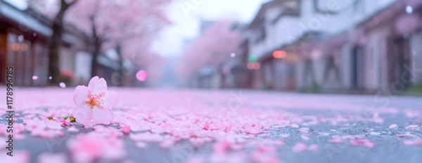 Fototapeta Close-up view of blooming pink flowers on a street background. Spring concept. For banner, design, poster, social media, blog, cover, thumbnail, presentation, youtube, linkedin