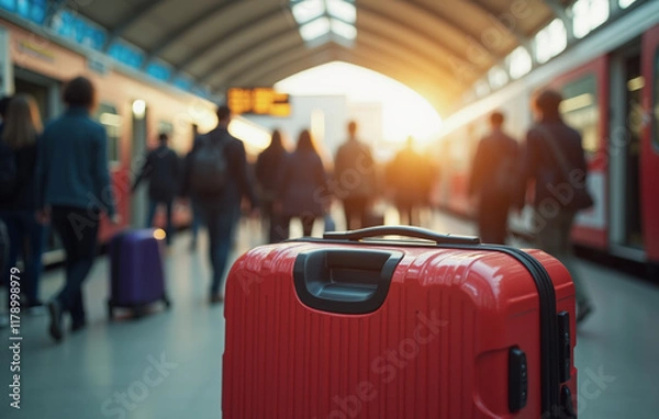 Fototapeta Red suitcase stands in the foreground at the station