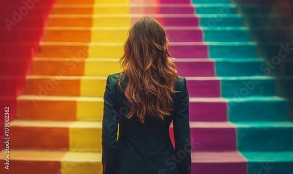 Fototapeta Business woman, back and walking on staircase to goals, success and corporate ladder for career growth. Rear view, determined or employee climbing rainbow path way to future achievement, Generative AI