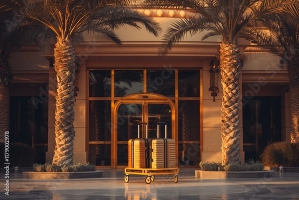 Obraz The front door of the hotel with luggage on a cart, palm trees all around, golden hour lighting.
