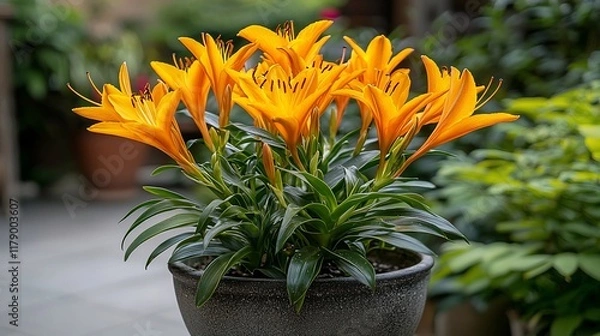 Obraz Vibrant orange lilies in a dark gray pot.