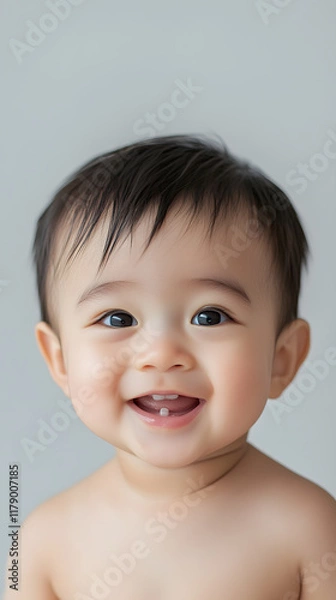 Fototapeta Adorable portrait of smiling South East Asian baby boy with joyful expression on clean backdrop