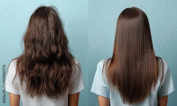 Fototapeta Hair, loss and growth for woman, comparison and treatment for haircare, texture and care in salon. Collage, before and after of head, damage and receding hairline versus healthy scalp, Generative AI
