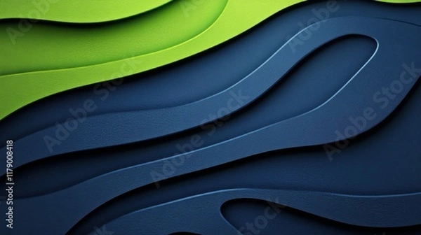 Fototapeta A sleek gradient background fading from neon green to rich navy blue, featuring dynamic curved shapes in a futuristic abstract design.