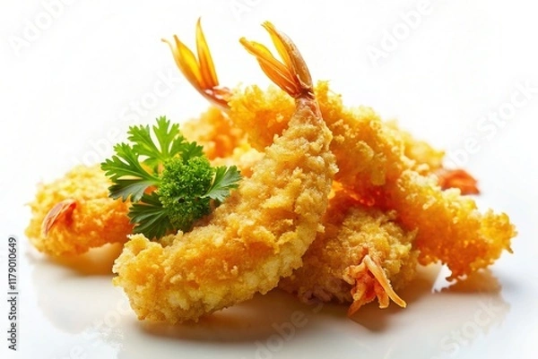 Fototapeta Crispy Golden Tempura Shrimp Close-Up: Delicate Breading & Vibrant Orange Tails on White