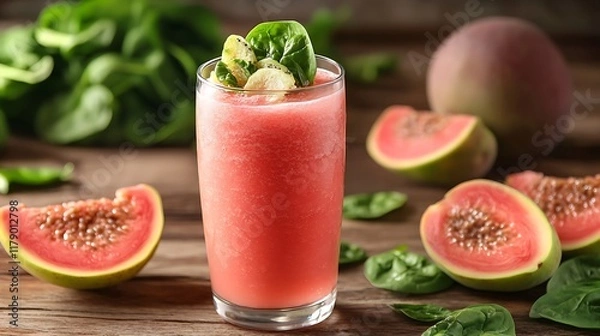 Fototapeta A refreshing mix of guava and spinach in a tall clear vessel