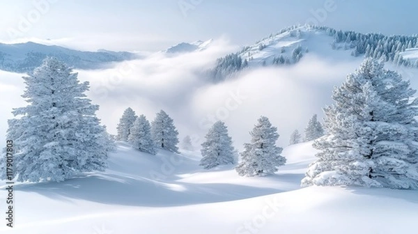 Fototapeta Snow covered trees and mountains in a winter wonderland