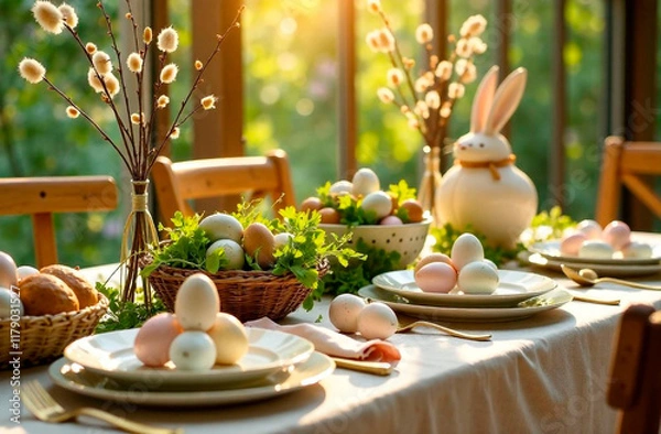 Fototapeta A table set for Easter dinner with Easter eggs and an Easter bunny figurine. Illustration of a traditional Easter lunch, vegetarianism, healthy eating.