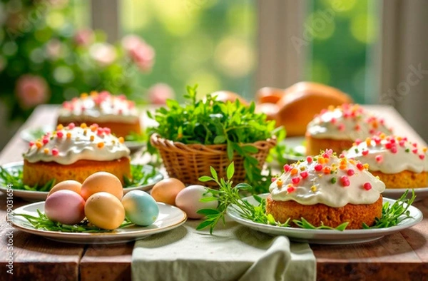 Fototapeta Easter cake, tulip and colorful eggs on kitchen table, against a blurred background of daylight from the window. Easter traditions, interior, anticipation of the holiday.
