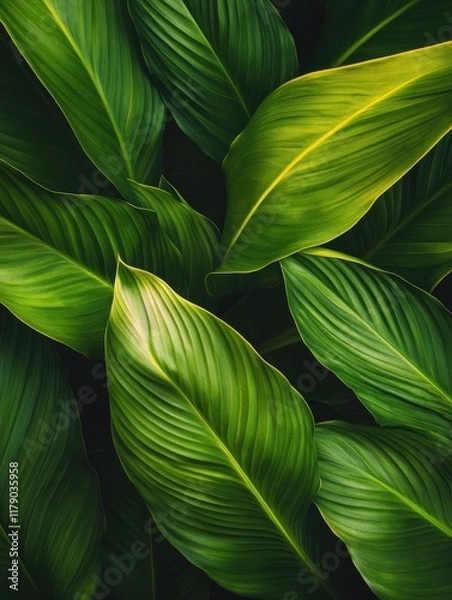 Fototapeta A closeup of bright green leaves on the top right corner of the frame with copy space beside them