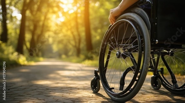 Fototapeta Close-up of a person in a wheelchair out-of-focus background of trees in a park