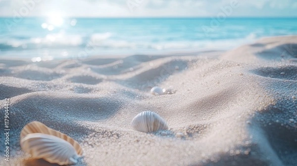 Obraz Seashells on sandy beach, ocean background, summer vacation.