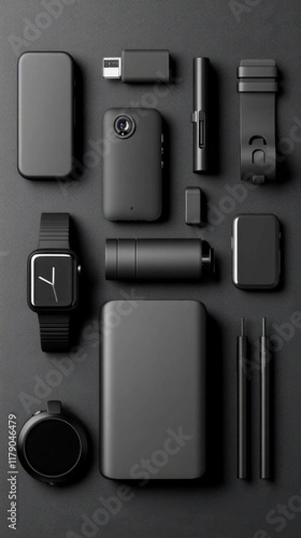 Obraz Showcasing modern tech accessories in sleek design against a minimalistic black backdrop
