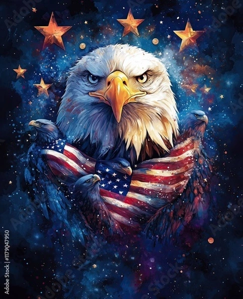 Fototapeta bald eagle with the American flag in its claws other eagles wrapped around each other to form the emblem of America national symbol illustration image for print, poster, t-shirt design