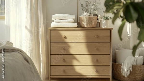 Fototapeta A light oak chest of drawers in a clean, modern room, featuring folded clothes and storage baskets for accessories.
