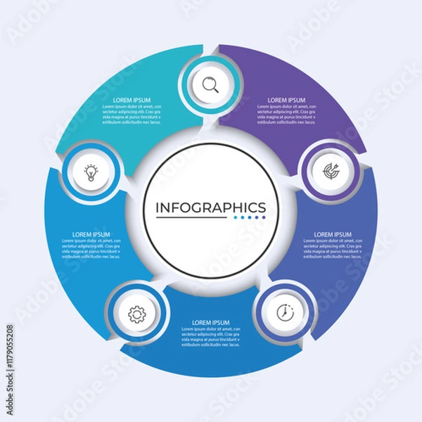 Fototapeta 5 points circular infographic element template with icons, vector illustration