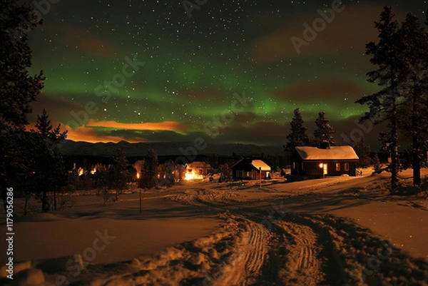 Fototapeta Majestic Northern Lights Over Snowy Forest Lake Landscape at Night Generative AI Image