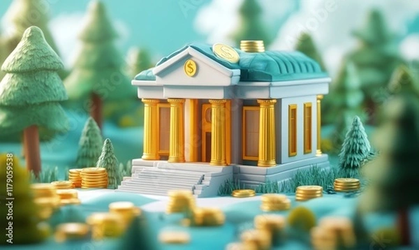 Fototapeta 3d bank building, coins and money illustration or representation. Financial data, business and economic transaction concept with cartoon style. Currency, trade and commercial exchange, Generative AI