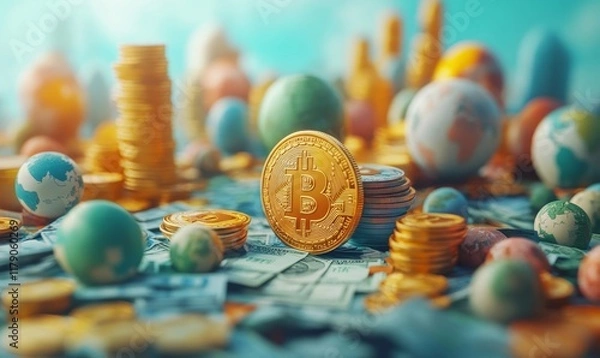 Fototapeta 3d, currency and money illustration or models. Finance , business and global economic transaction concept with cartoon style. Crypto, international trade and commercial exchange, Generative AI