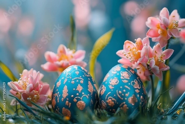 Fototapeta eggs and color for holiday, vacation and easter season with color, chocolate and celebration. Flowers, grass and decoration in abstract for creative wallpaper, advertisement and art., Generative AI