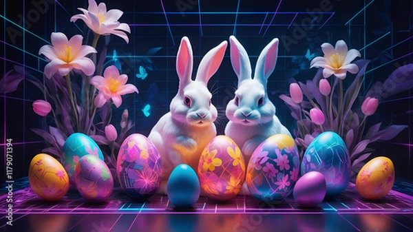 Fototapeta Futuristic Easter poster with neon eggs and bunnies on a dark, bright background of glowing digital grids and holographic floral patterns