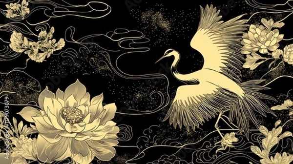 Fototapeta Elegant gold crane in flight amidst stylized flowers and clouds on black background.