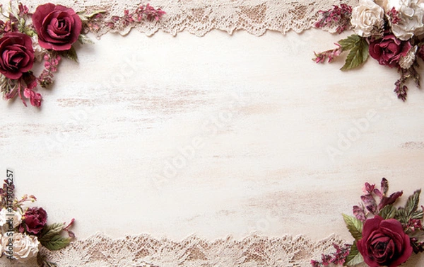 Fototapeta Romantic deep red roses and lace border frame on textured vintage paper background create elegant Victorian style holiday greeting design