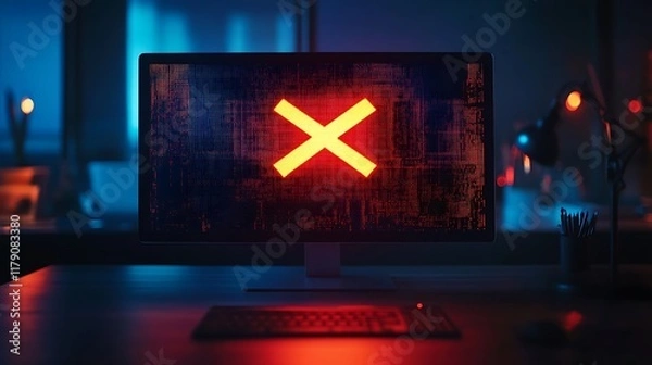 Obraz Glowing red X error on computer screen in dark room.