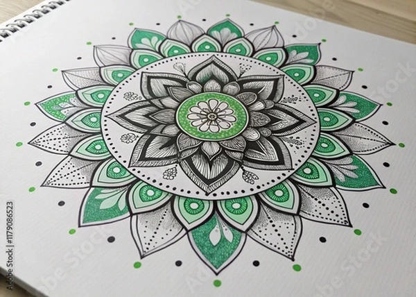 Fototapeta A modern crafted mandala illustration beautifully designed with symmetrical green and black patterns