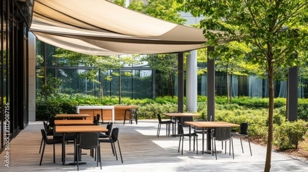 Fototapeta Outdoor patio with tables, chairs, and shade.