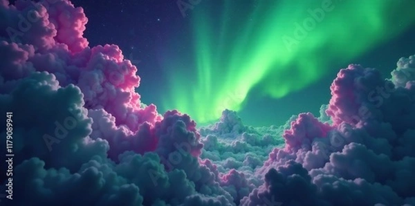 Fototapeta Swirling clouds of green and purple envelop the void, darkness, clouds, green