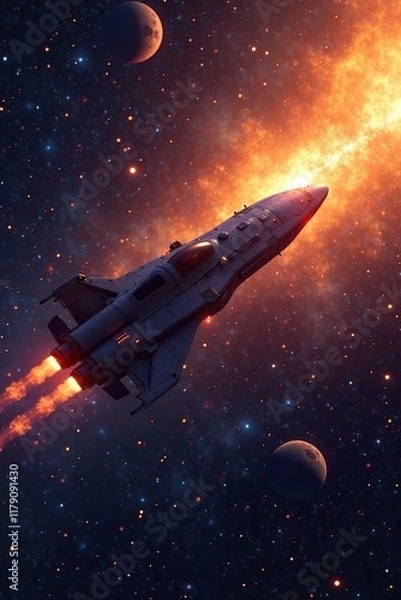 Fototapeta Spaceship glows orange as it soars through cosmic expanse, interstellar, galaxies, spaceship
