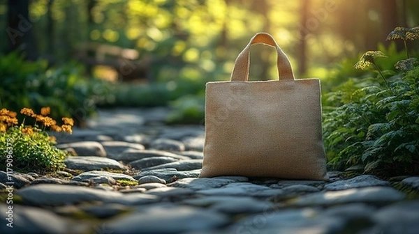 Fototapeta Beige Tote Bag Rests On Stone Path In Forest