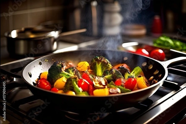 Obraz cooking up a chef sauting vegetables in a kitchen with a stoveto