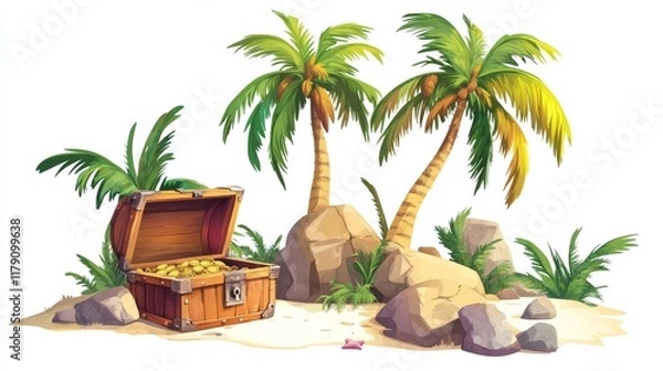 Fototapeta Tropical island with open treasure chest, palm trees and rocks. Vector cartoon illustration isolated on white background
