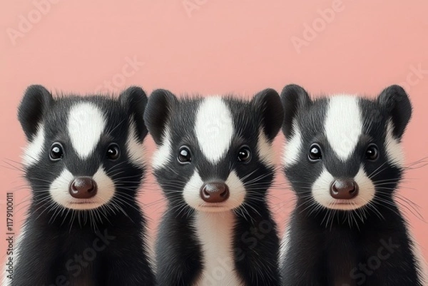 Fototapeta Three cute cartoon-style badgers with large eyes against a soft pink background.