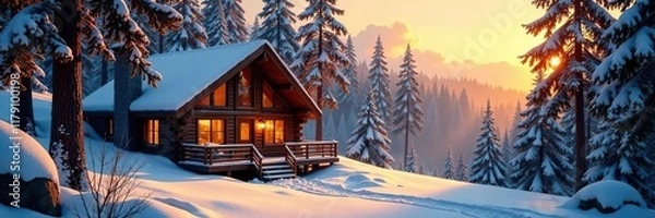 Fototapeta Cozy lodge nestled among towering pine trees, warm golden light spills out of windows, serene, winter, peaceful