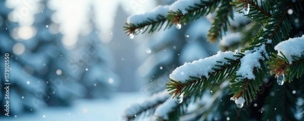 Fototapeta snowflakes gently falling on fir tree branches, white snow, winter trees, evergreen