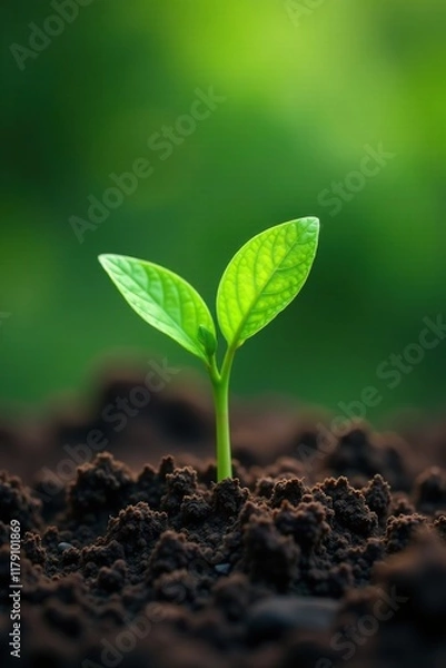 Fototapeta A single sprout of green tea plant emerging from the soil, growing, greenery, nature